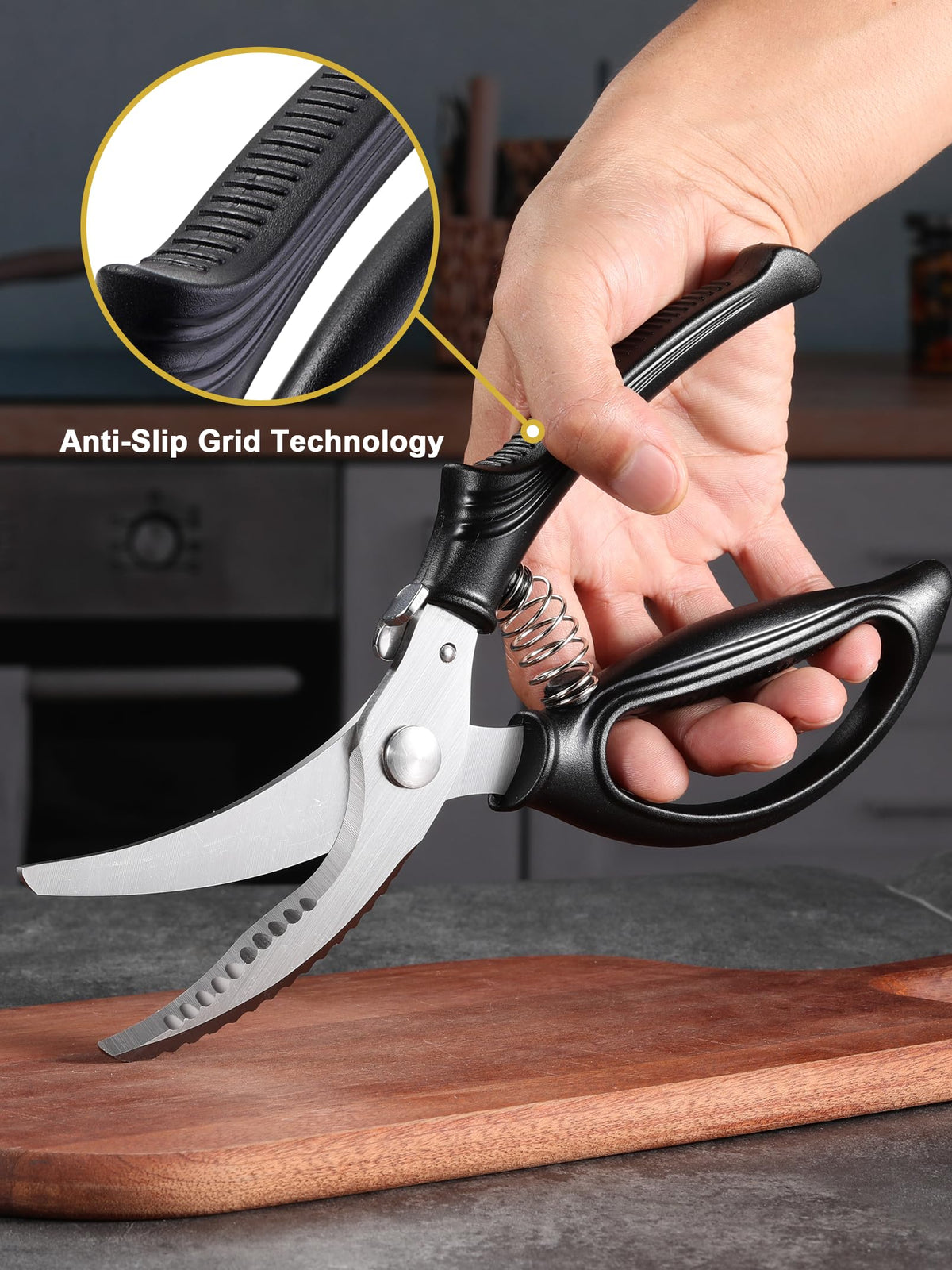 Vomsocs Poultry Shears use-case image showing meat and poultry prep versatility