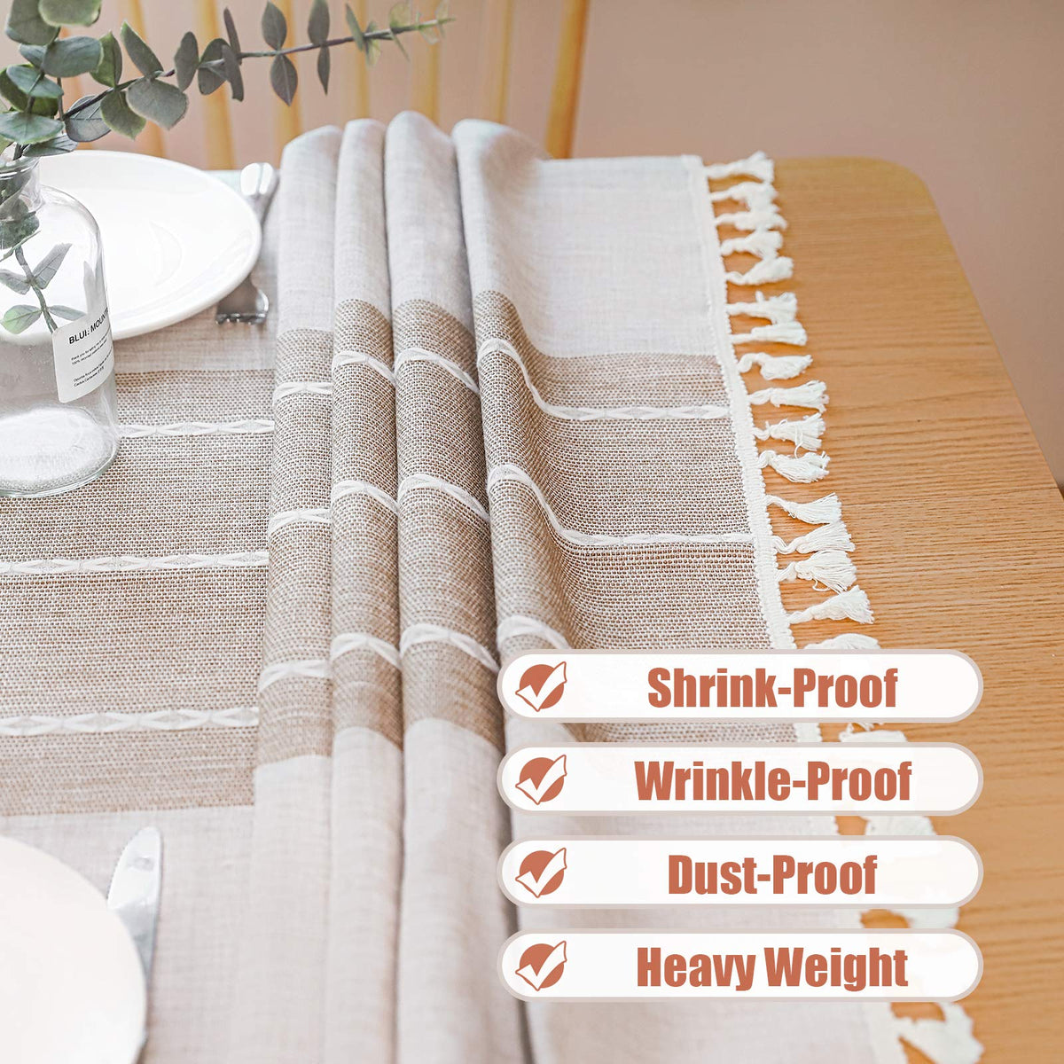 Vonabem round table setting in dining room with wrinkle free fabric
