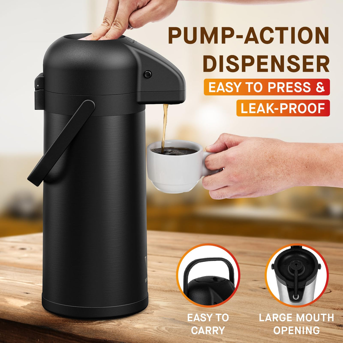 Vondior Airpot carafe in stainless steel for durability and simple cleaning.