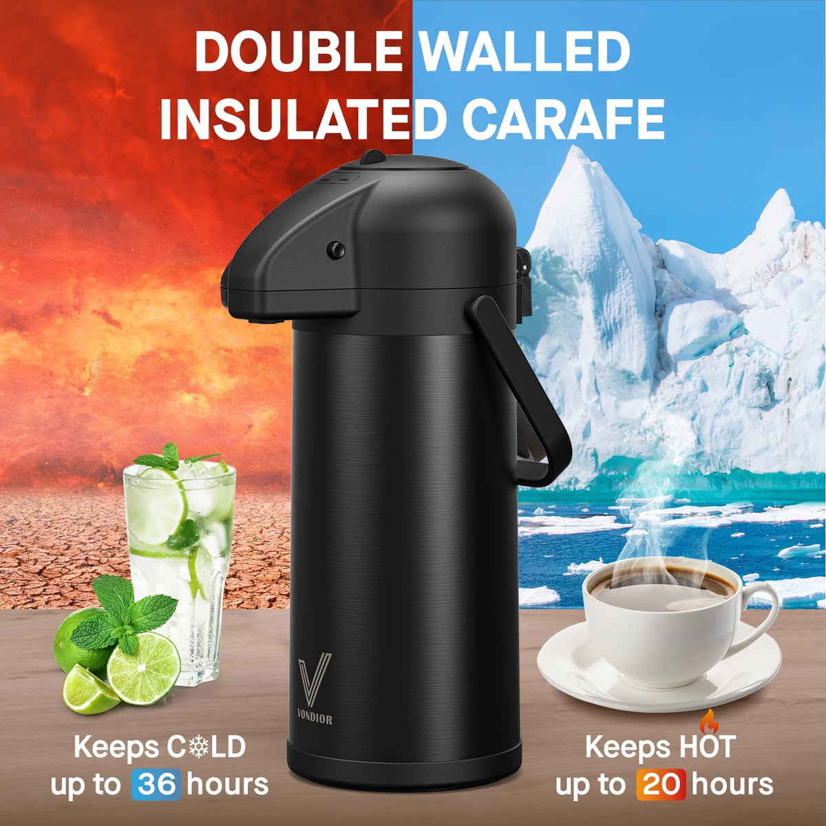 Vondior Airpot carafe features a wide mouth for easy filling and ice.
