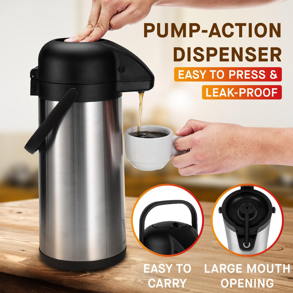 VONDIOR Airpot pump-top dispensing action for easy pours.