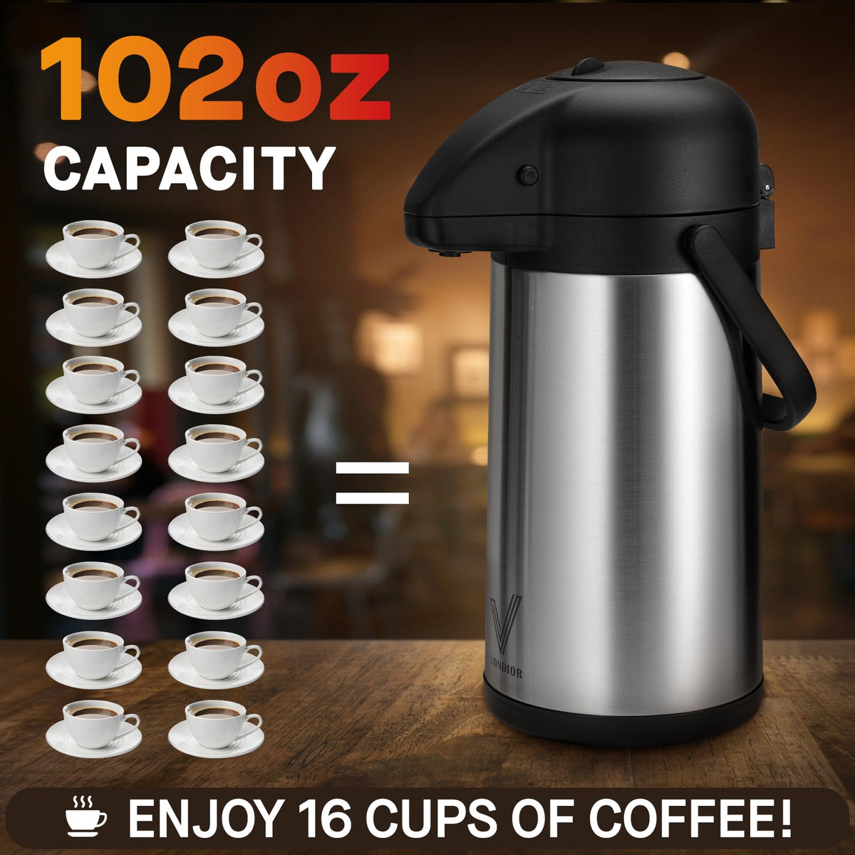 VONDIOR Airpot stainless steel carafe open-mouth design for ice and cleaning.