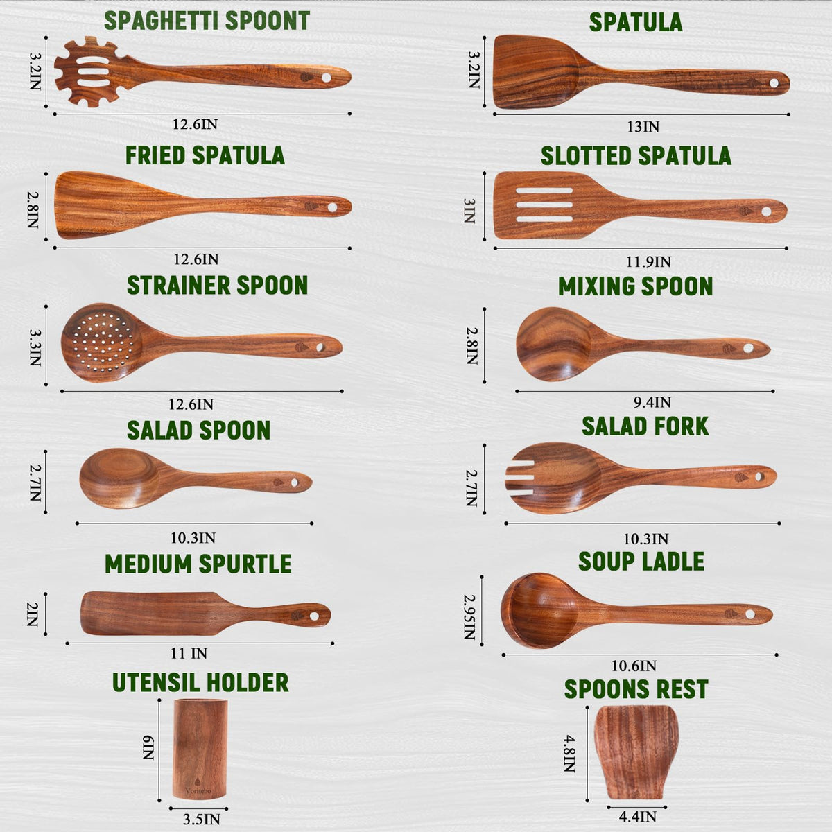 Vorisebo hanging teak utensils with built-in hole for space-saving storage