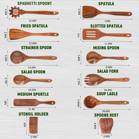Vorisebo hanging teak utensils with built-in hole for space-saving storage
