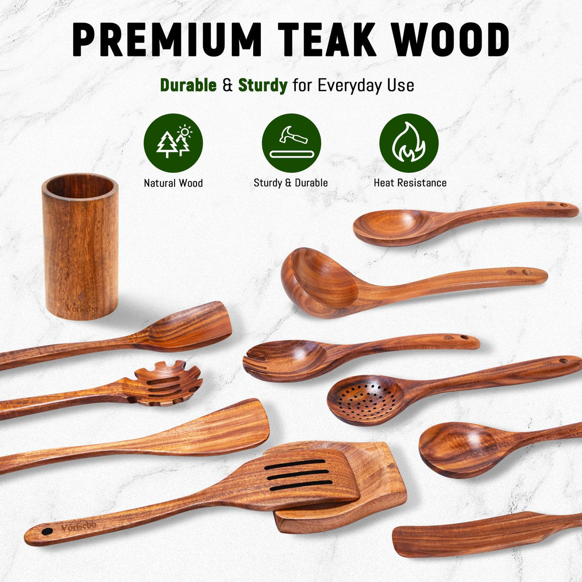 Vorisebo natural teak wood utensils BPA-free for healthier cooking