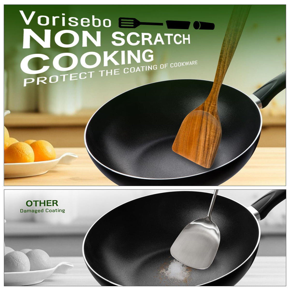 Vorisebo scratch-resistant wood utensils protect nonstick cookware