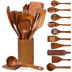 Vorisebo teak spoons set with holder for organized cooking