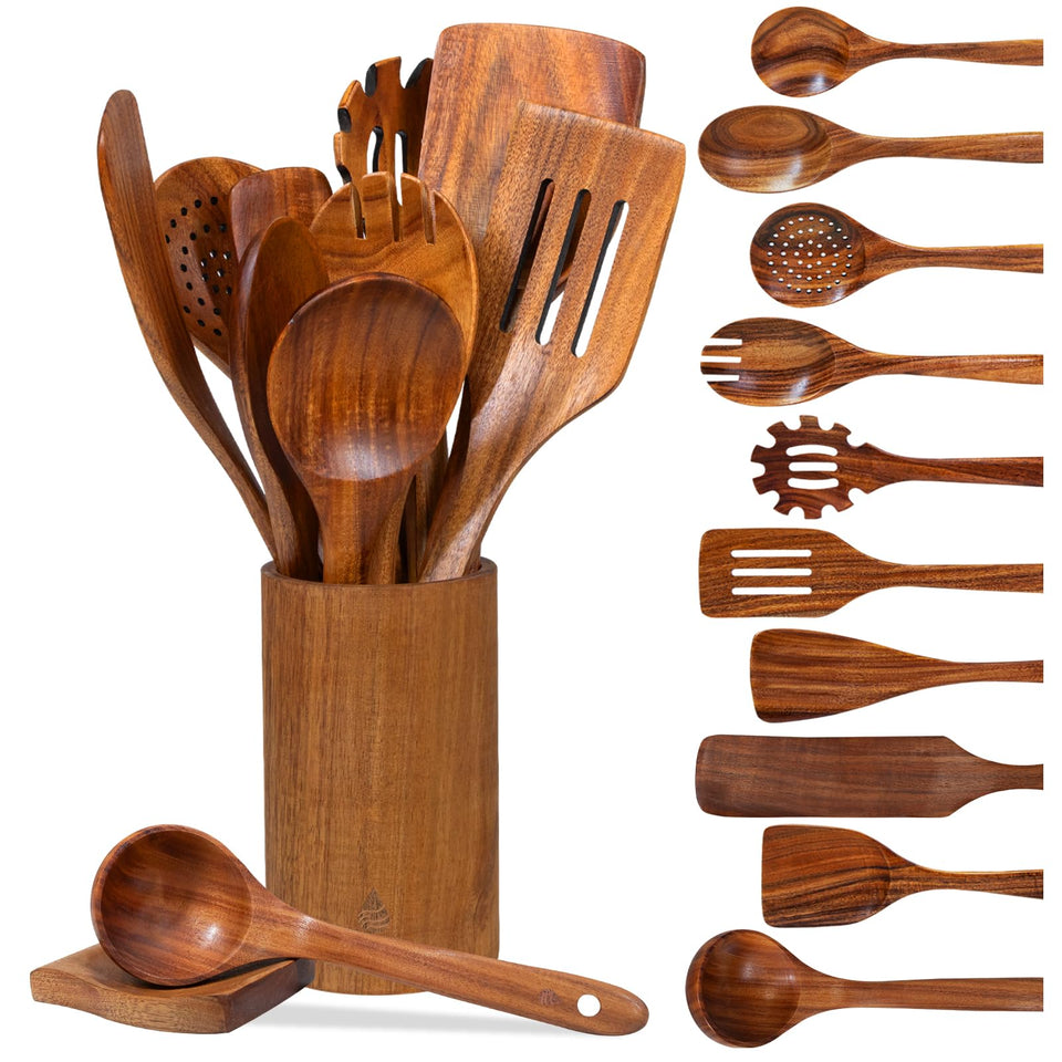 Vorisebo teak spoons set with holder for organized cooking