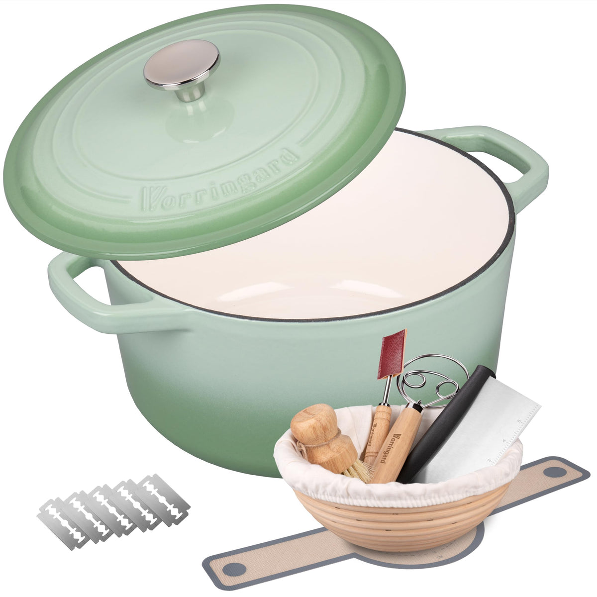 VORRINGARD dutch oven green lid close-up highlighting enamel for even heat distribution.