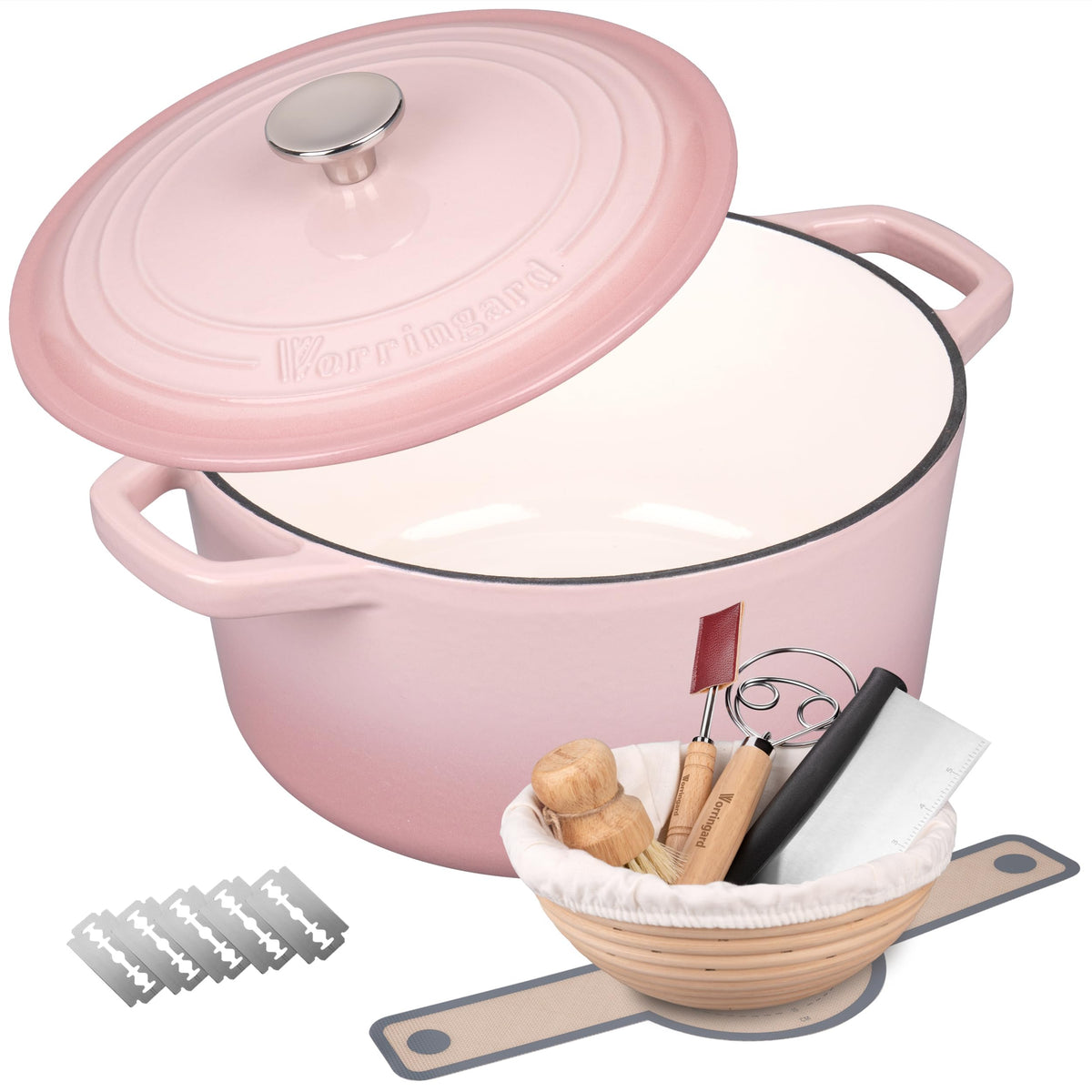 VORRINGARD enameled cast iron Dutch oven pink lid for even heat and crispy crusts.
