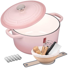 VORRINGARD enameled cast iron Dutch oven pink lid for even heat and crispy crusts.