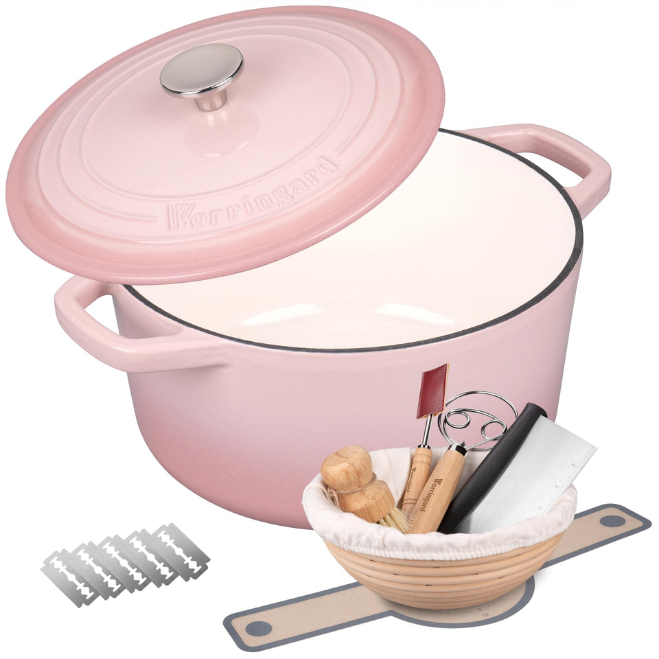 VORRINGARD enameled cast iron Dutch oven pink lid for even heat and crispy crusts.