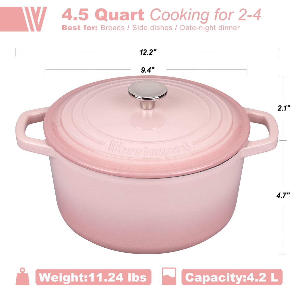 Vorringard pink enamel Dutch oven side view showing smooth finish for even heating.