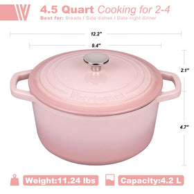 Vorringard pink enamel Dutch oven side view showing smooth finish for even heating.