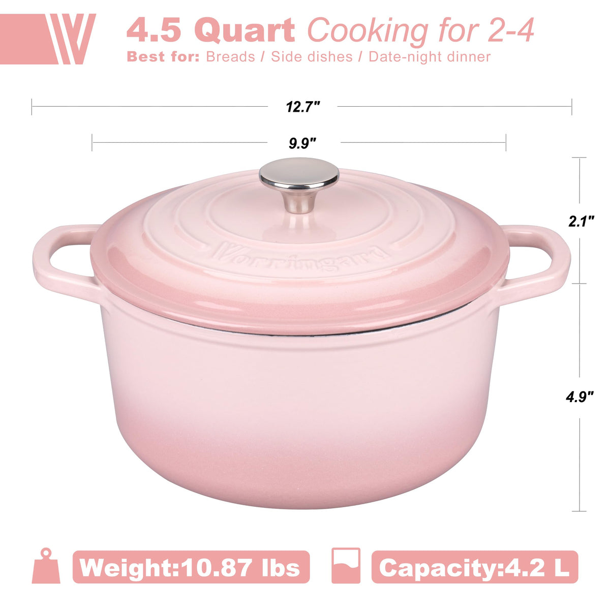 VORRINGARD enamelled Dutch oven pink front view showing vibrant color.