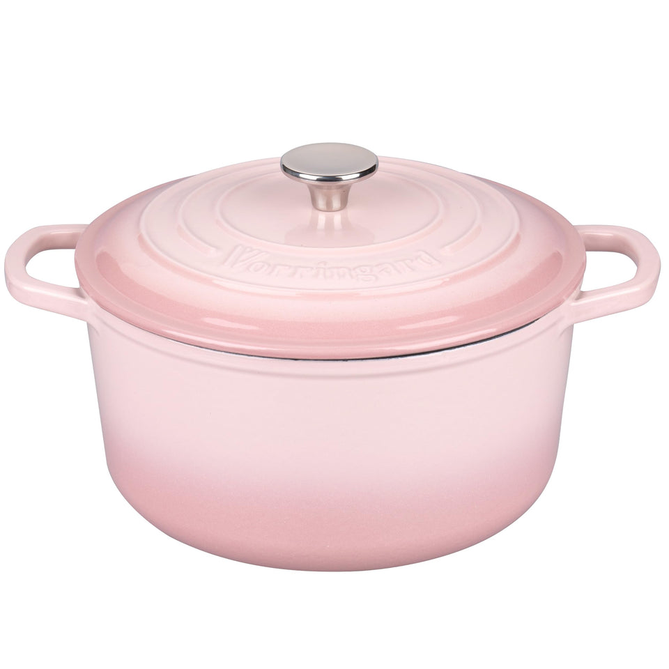 VORRINGARD enamelled Dutch oven pink lid; sleek design for even heat delivery.