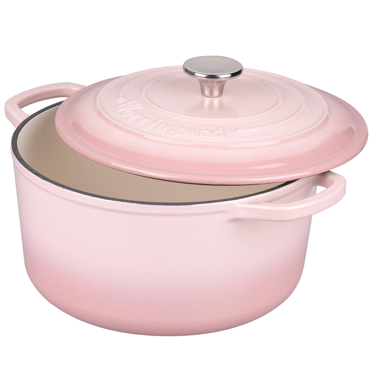 VORRINGARD enamelled Dutch oven pink on stove ready to simmer.