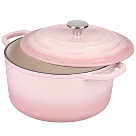 VORRINGARD enamelled Dutch oven pink on stove ready to simmer.