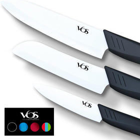 Vos ceramic knife set gift box with chef, santoku, and paring knives