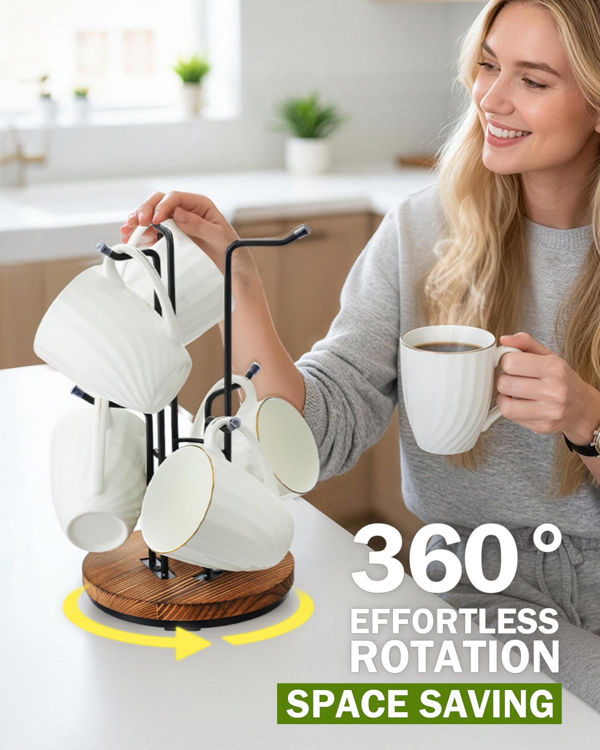 Vosturdy mug tree with six hooks neatly holding mugs of various sizes.