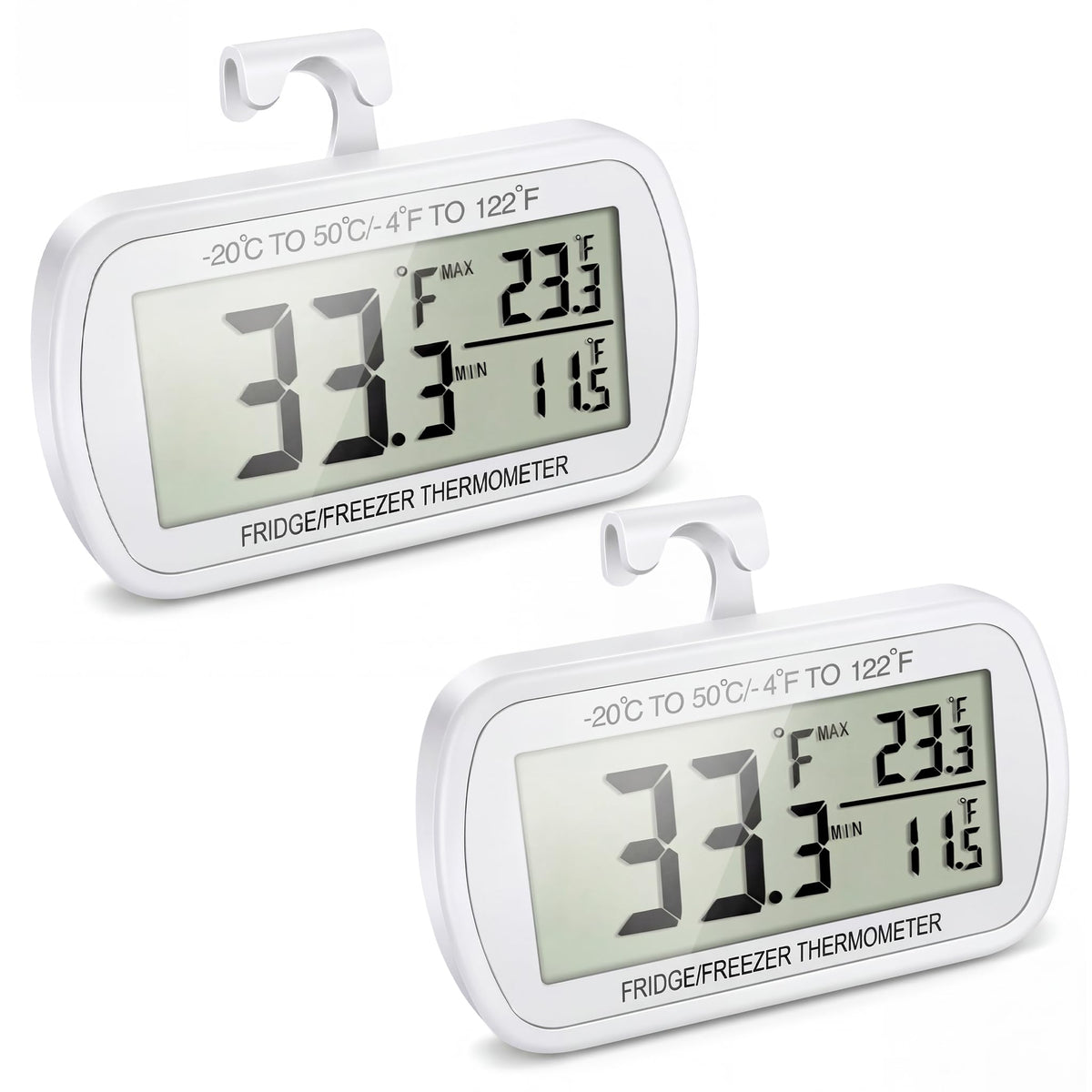 Vouloir waterproof fridge thermometer display shows current and max/min temps for quick checks.