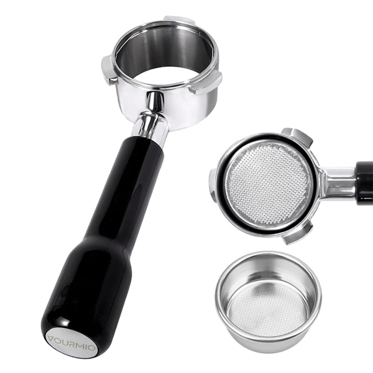 VOURMIO bottomless portafilter 54mm for precise extraction and crema visibility.