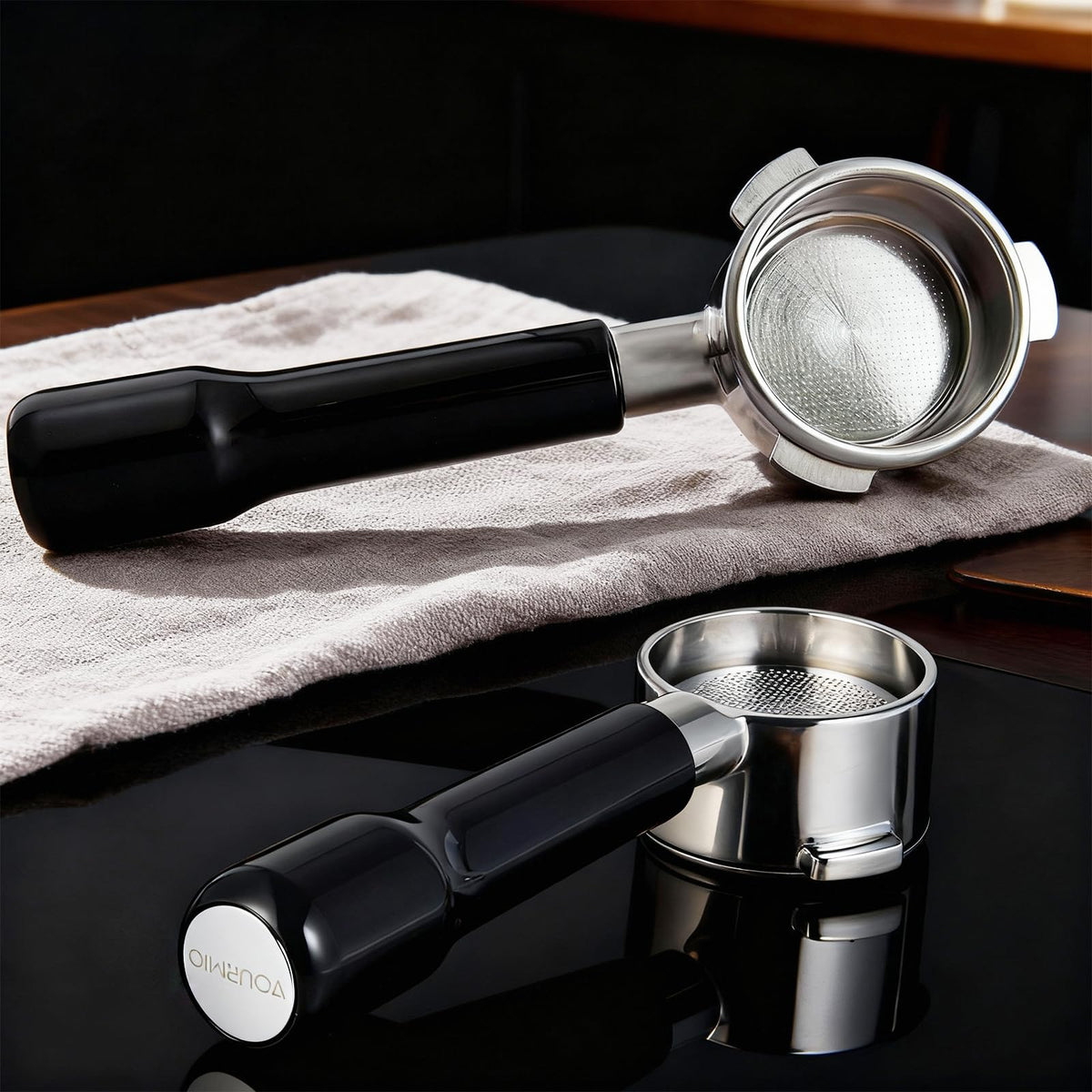 VOURMIO espresso shot setup in action with visibility and control.