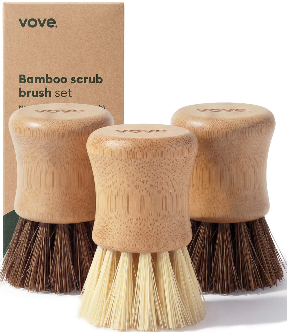 Vove Bamboo Scrub Brush Set packaging for eco-friendly kitchen cleaning