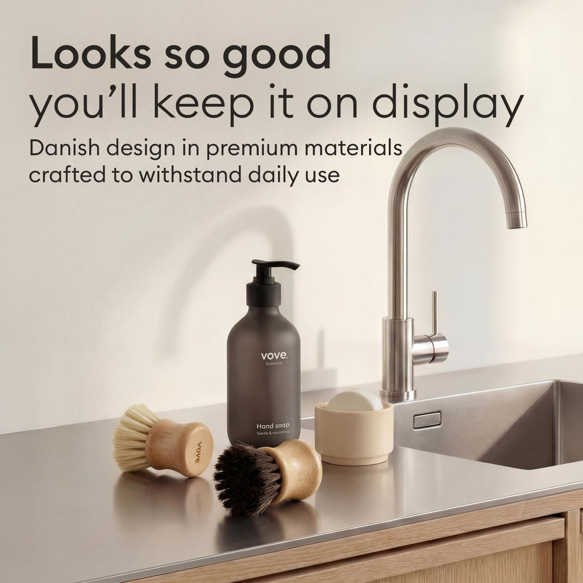 Vove kitchen cleaning setup featuring the 3-pack brushes