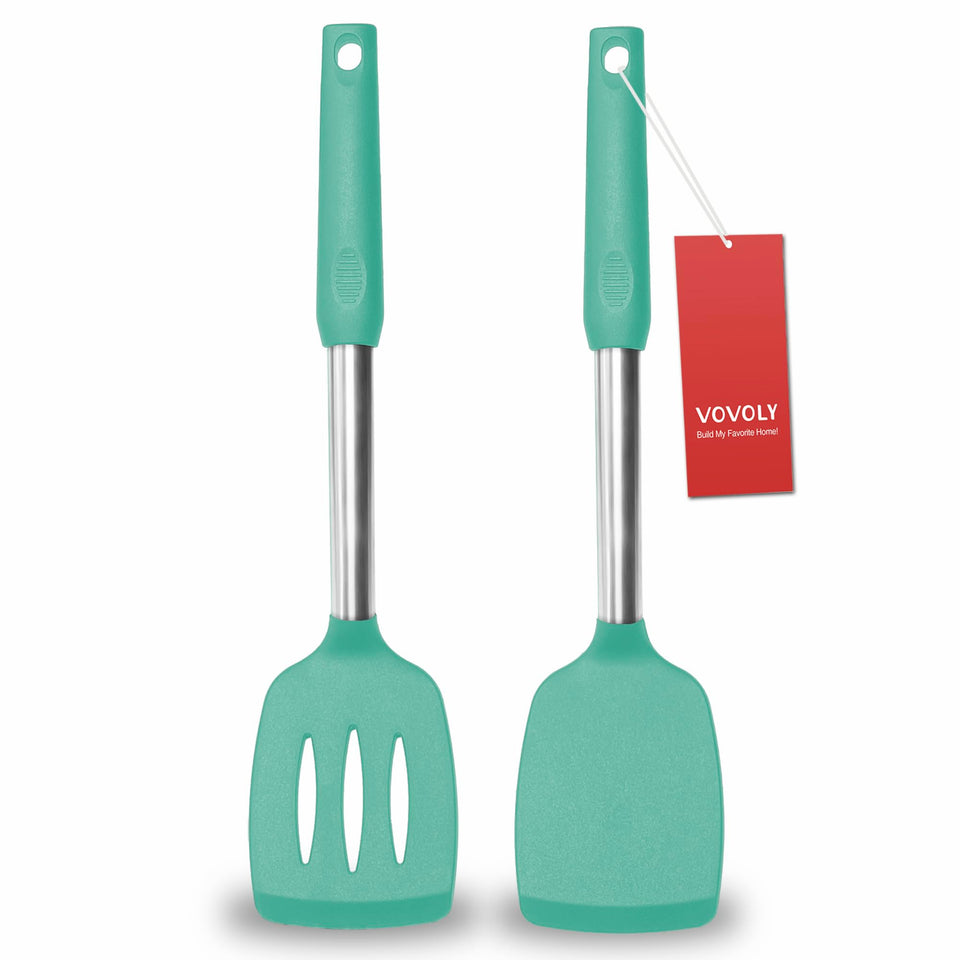 VOVOLY teal 2-pack solid-slotted spatulas for versatile flipping and sautéing