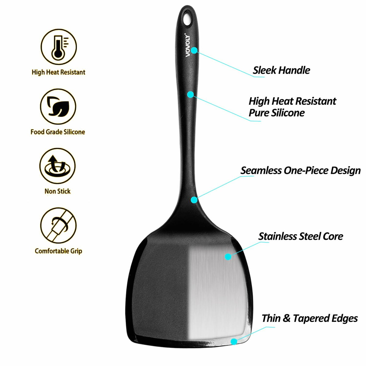 Vovoly cookie spatula lifts cookies from baking sheets safely.