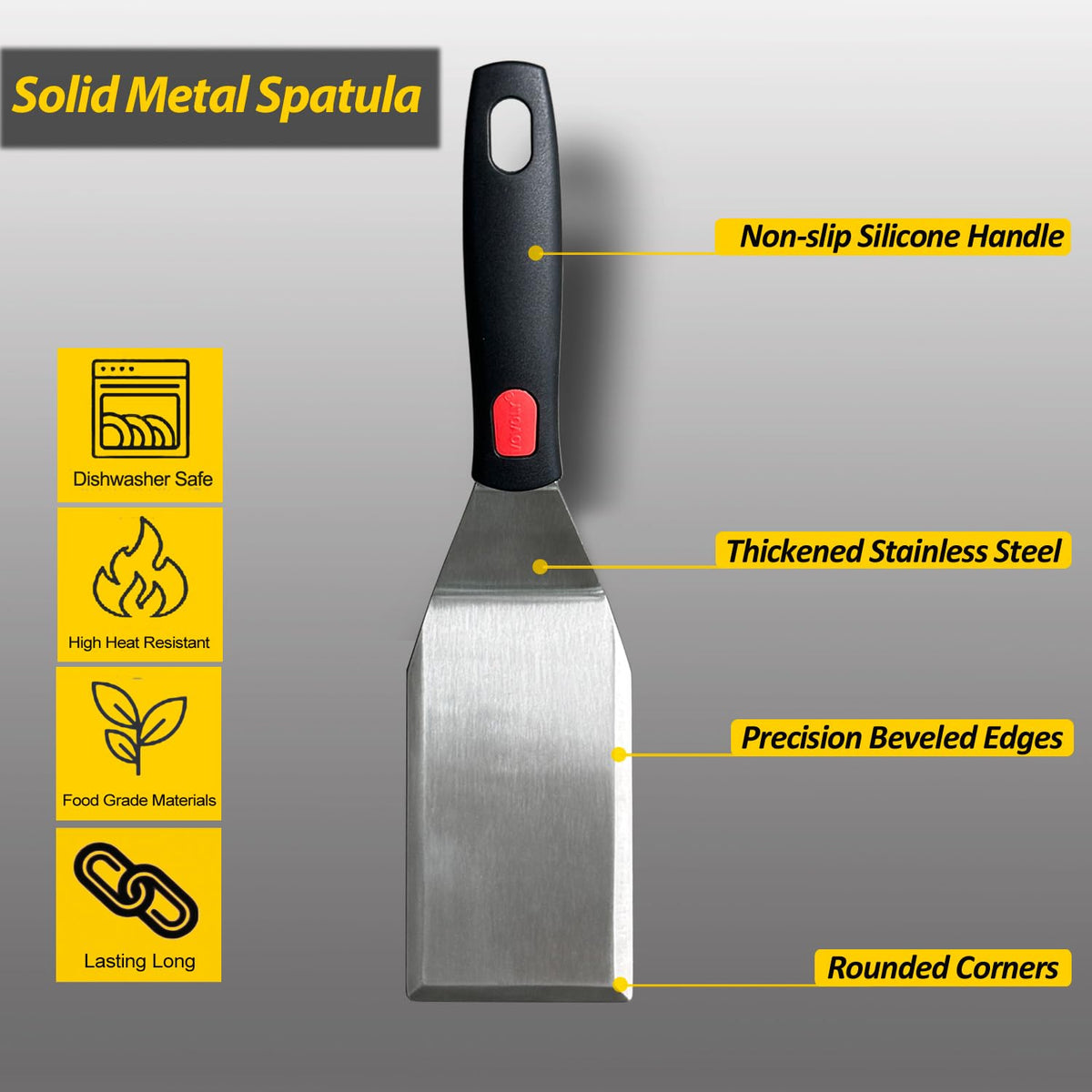 Vovoly full-tang silicone-handle spatula offers heat resistance and durable control while flipping.