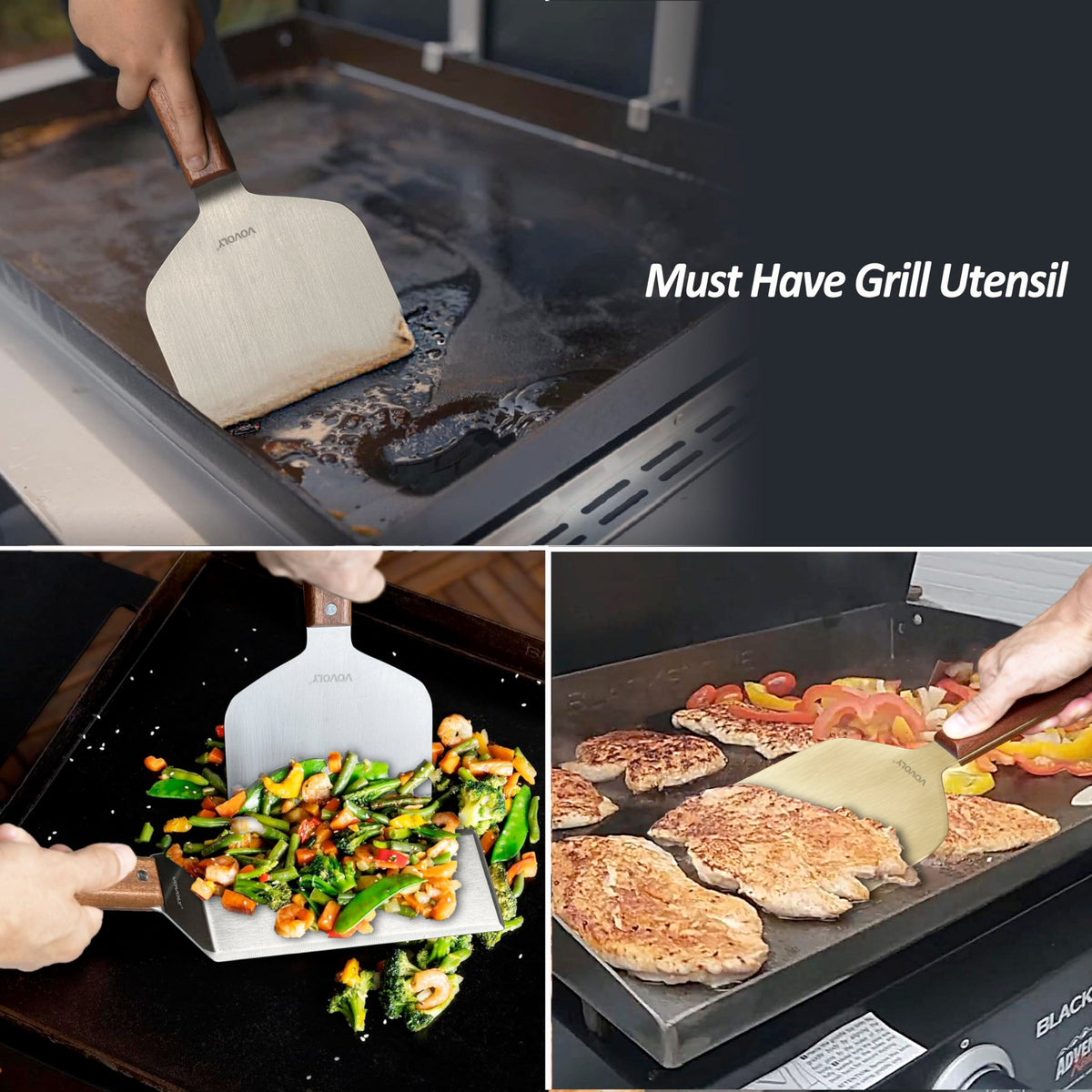 Vovoly grill scraper cleaning a flat top after cooking