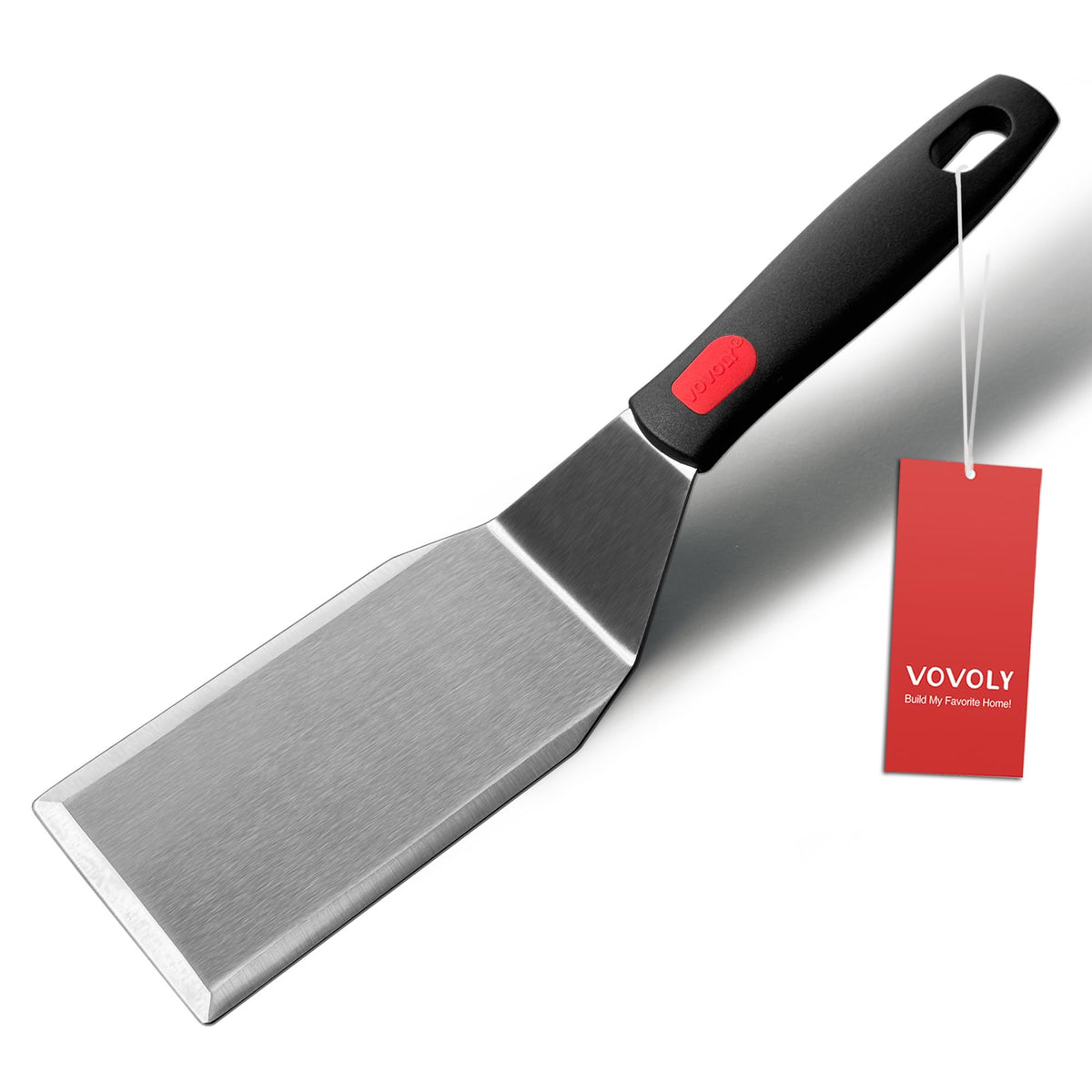 Vovoly professional spatula for cast iron skillets with a non-scratch blade for easy food release.