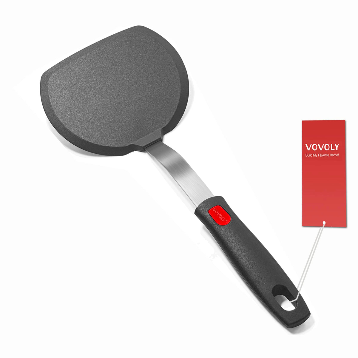 Vovoly silicone pancake spatula with lengthened handle for easy flipping and safer pans.