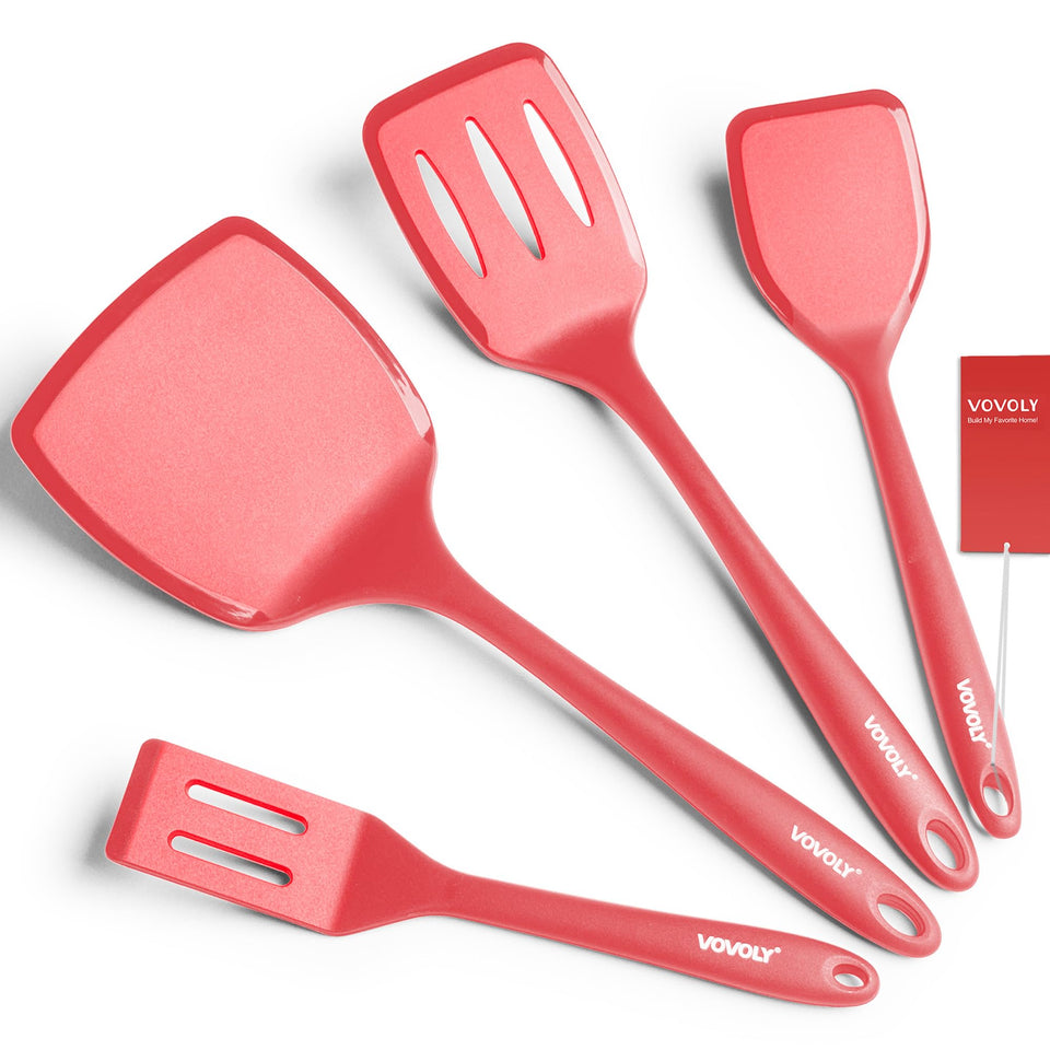 Vovoly 4-piece silicone spatula set in red, safe for nonstick pans.