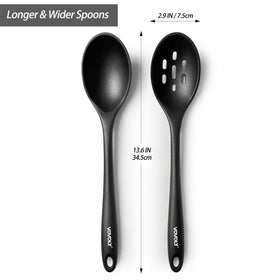 Vovoly silicone spoon stirring hot soup with a heat-safe handle.