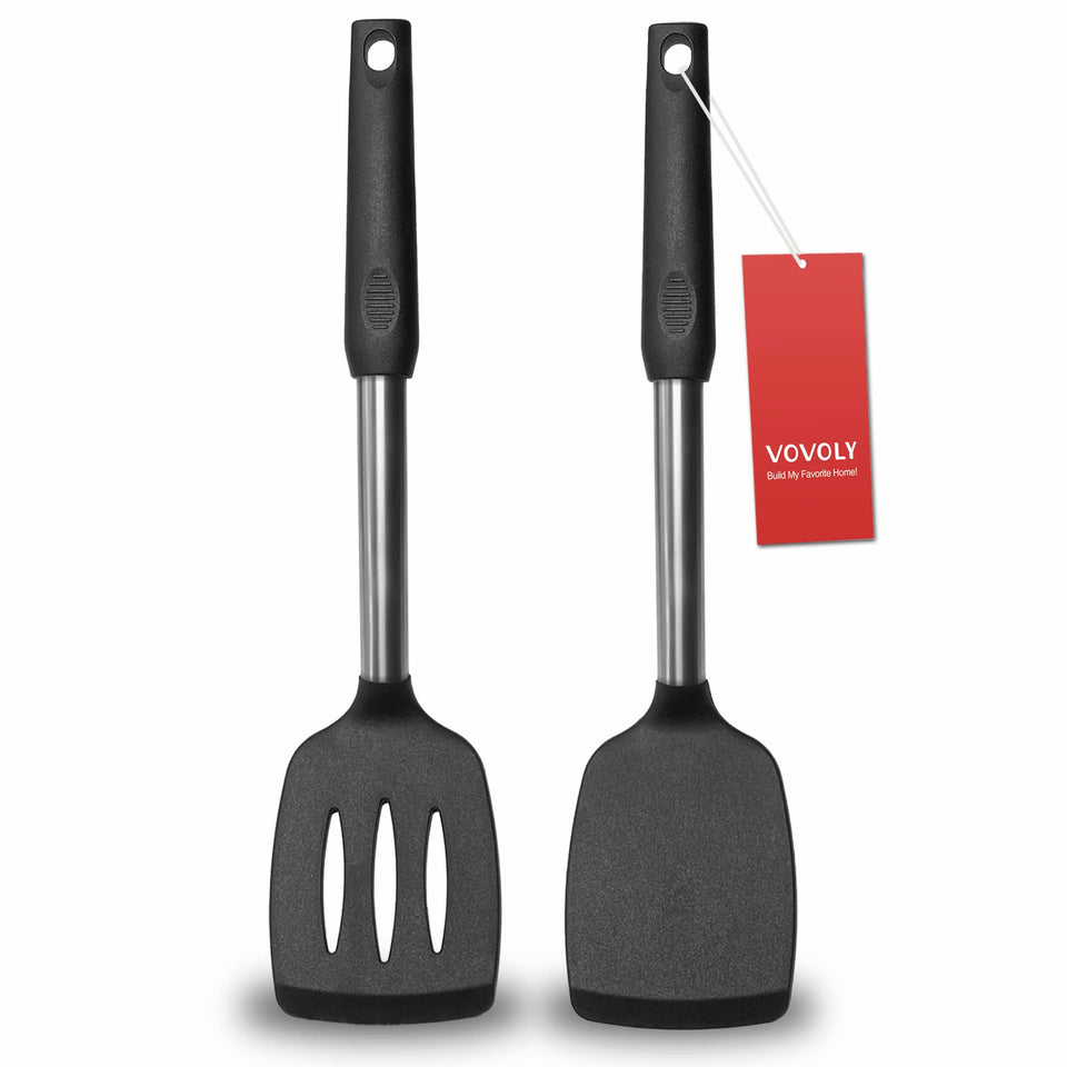 Vovoly solid spatula bundle showing ergonomic grip for flipping.