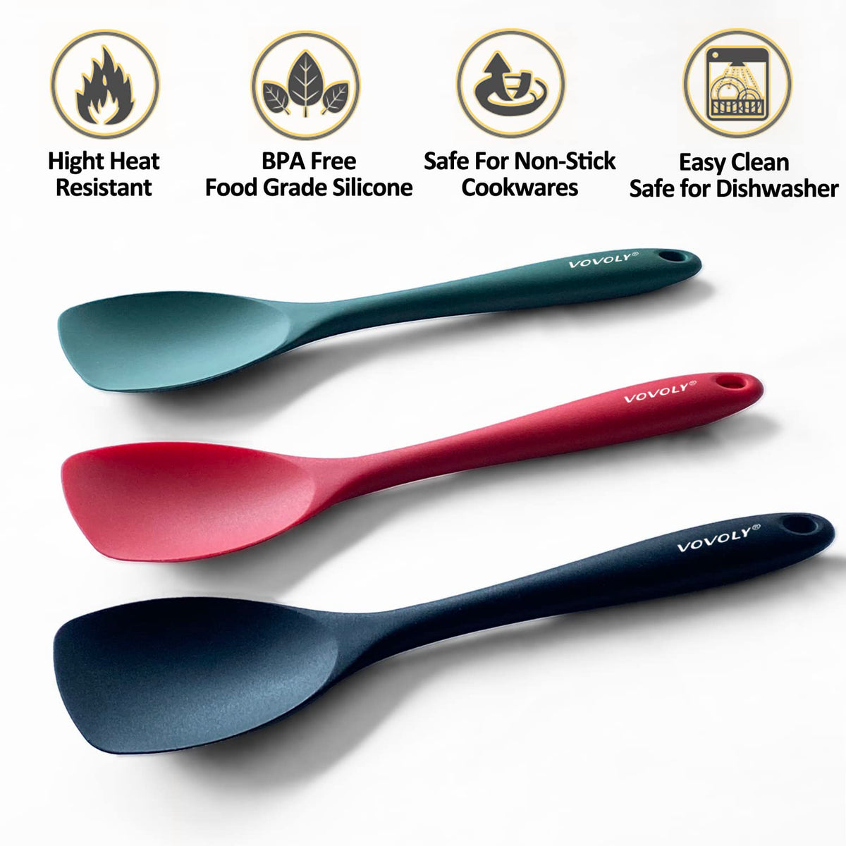 Vovoly spatula-spoon set red closeup shows flexible head for easy scraping.