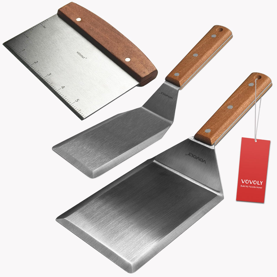 Vovoly stainless steel spatula set with griddle spatulas for professional grilling and easy flipping.