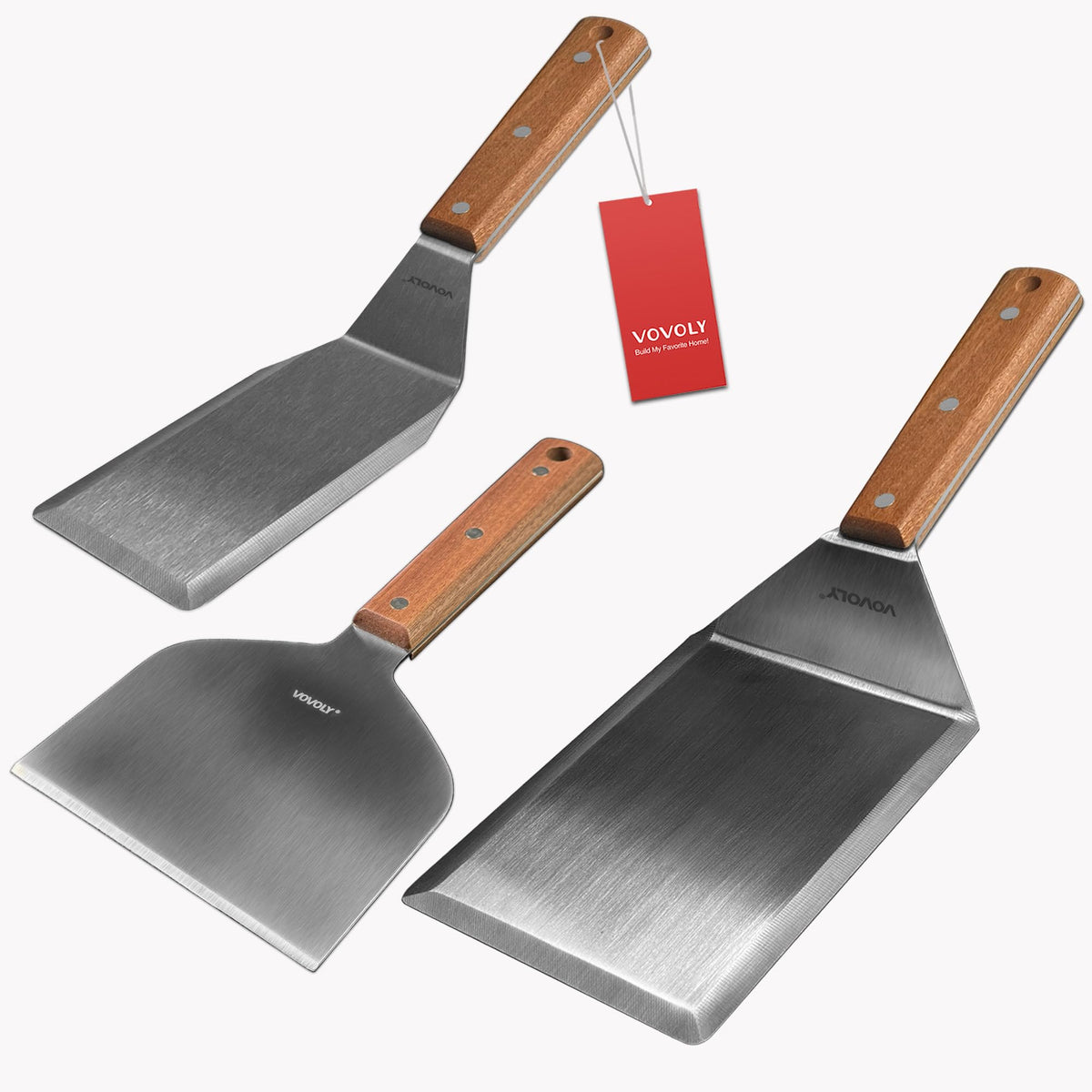 Vovoly three‑piece stainless spatula set shown for griddle tasks with versatile design