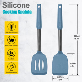 Vovoly starry blue slotted spatula drains liquids while lifting.