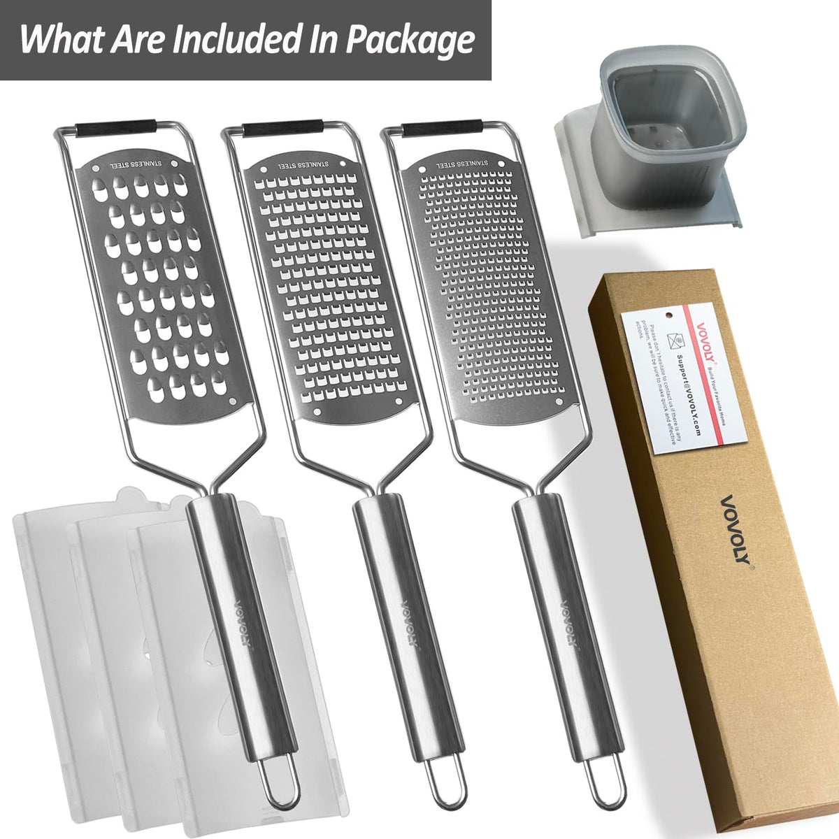 Vovoly end tabs protect countertops and keep the grater stable on surfaces.
