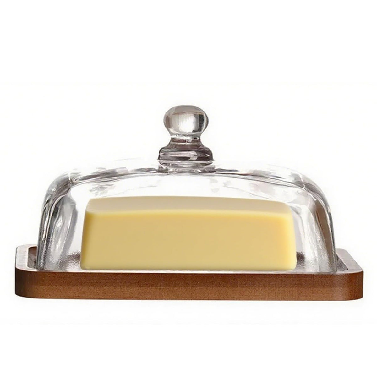 Voxionix glass butter dish with lid keeps butter fresh on the counter.