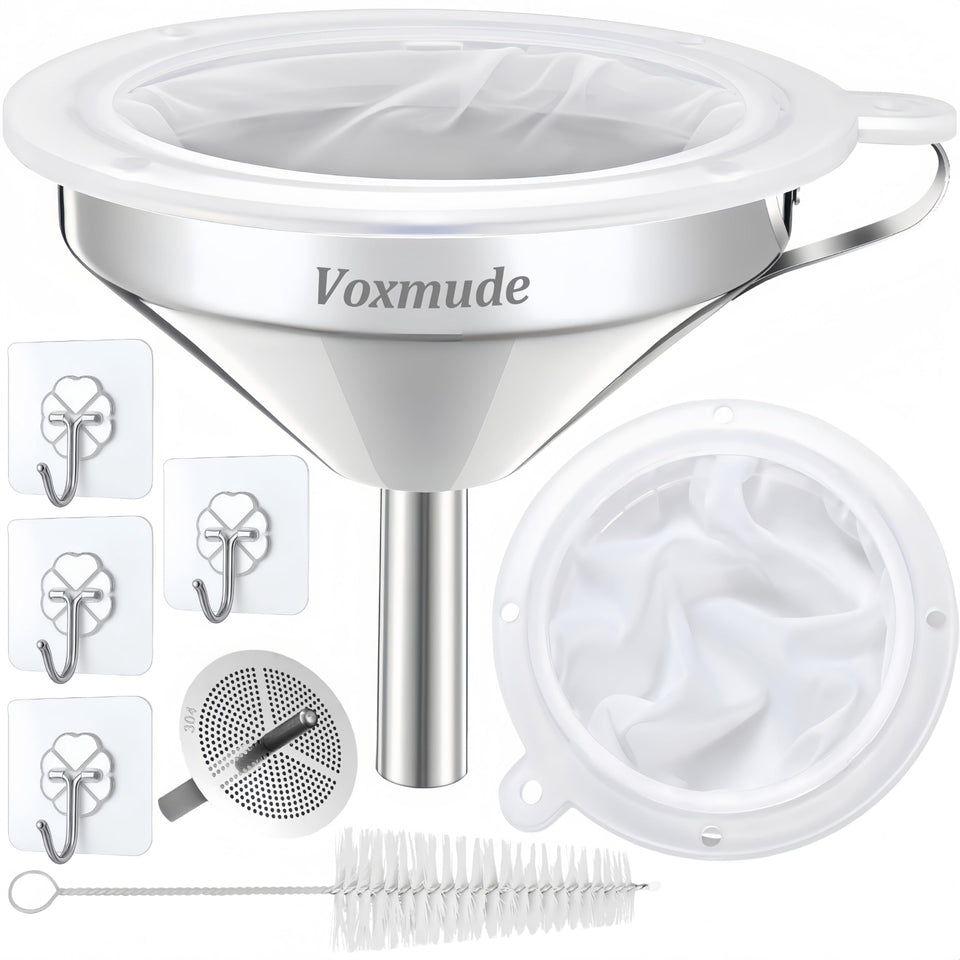 VOXMUDE kitchen funnel with strainer for clean pouring and reduced spills.