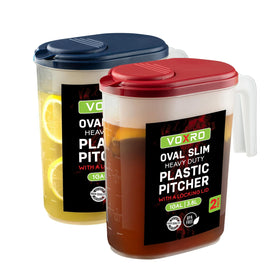 VOXRO oval blue lid pitcher with secure closure for spill-free pouring.