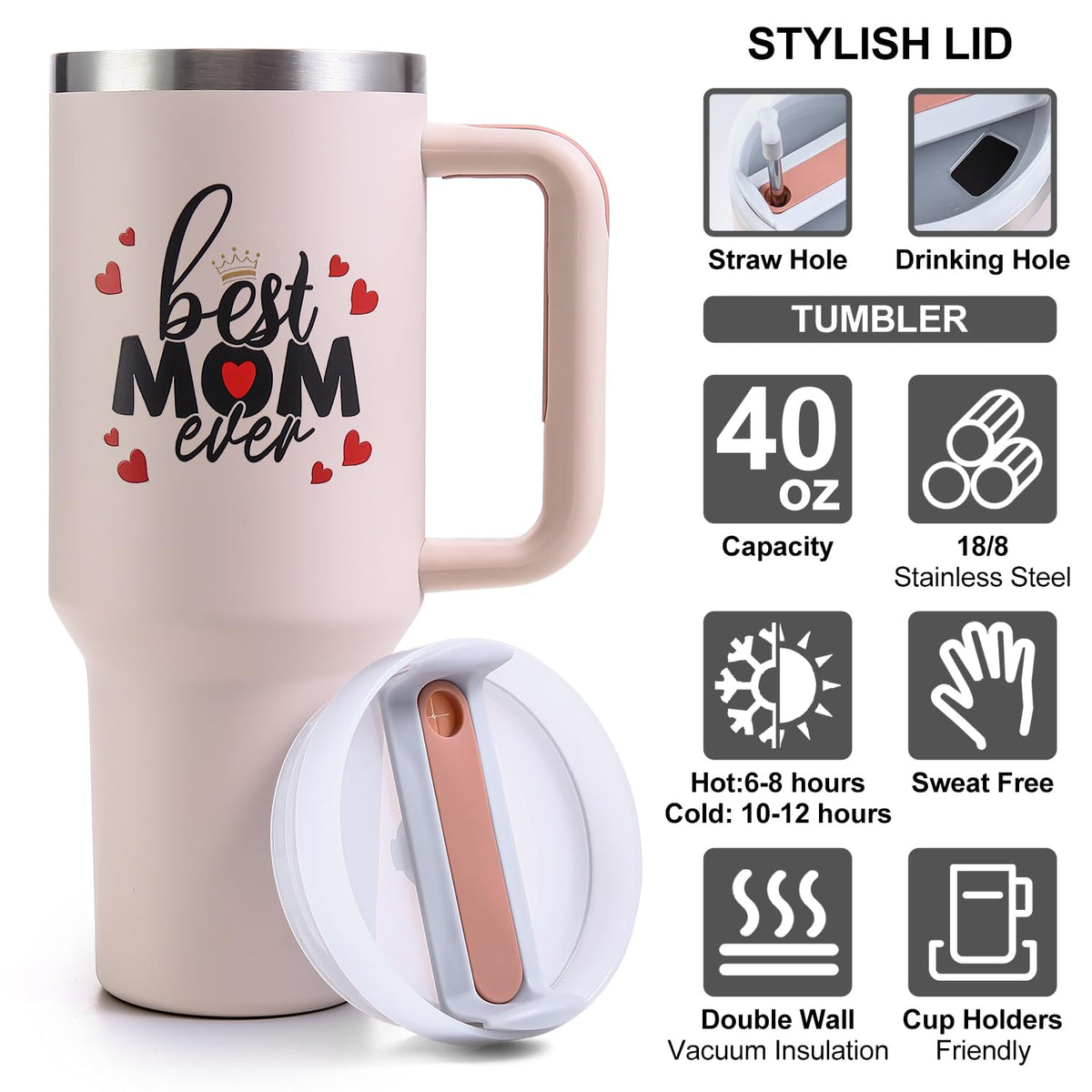 VoziSpace Best Mom Ever Tumbler 40oz capacity label for all-day hydration