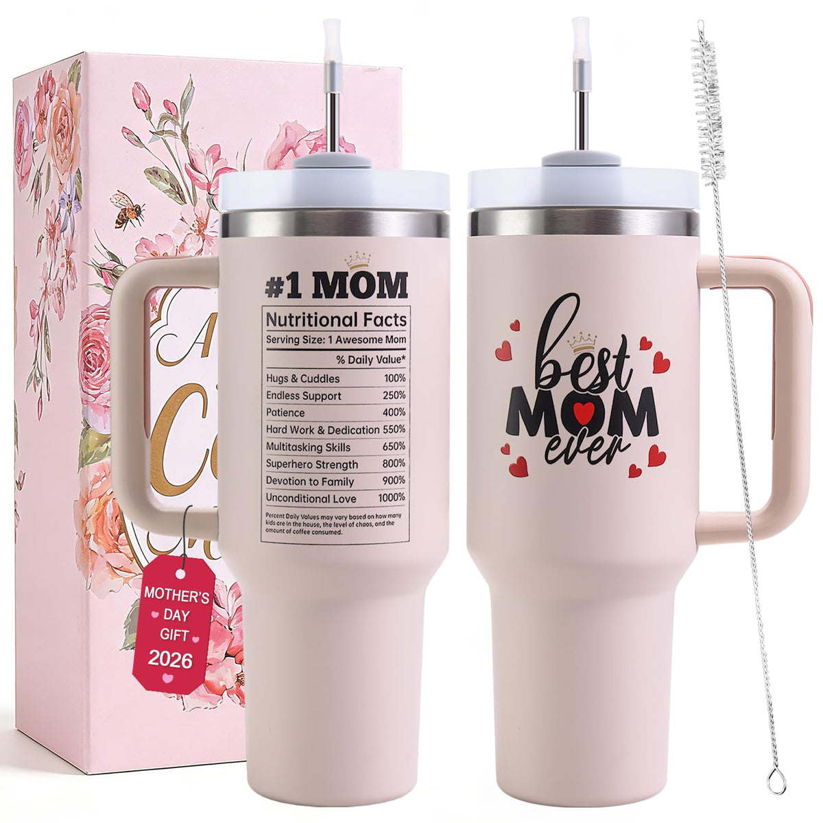 VoziSpace Best Mom Ever Tumbler with Handle front view for easy one-handed sipping