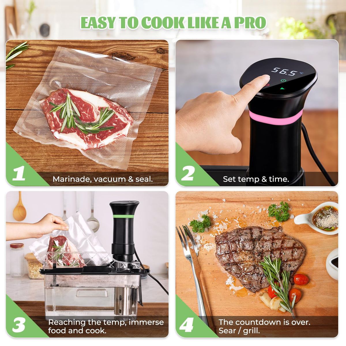 Long-duration timer up to 99 hours for patient sous vide cooking.