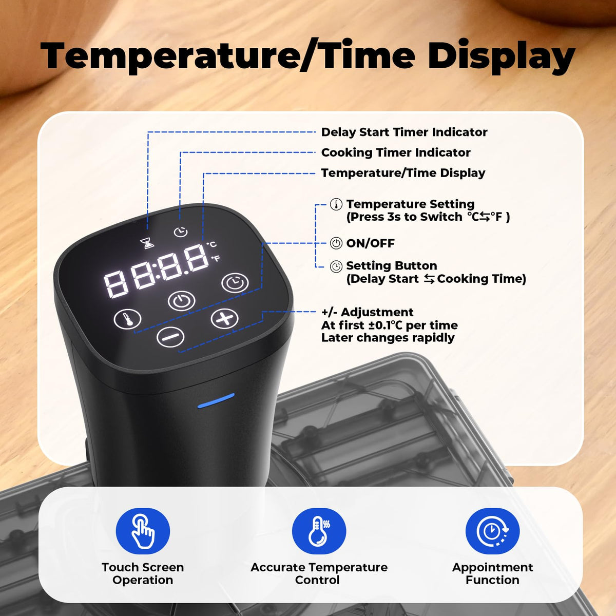 Vpcok Direct Sous Vide Immersion Circulator indicator lights show heating, maintaining, completion